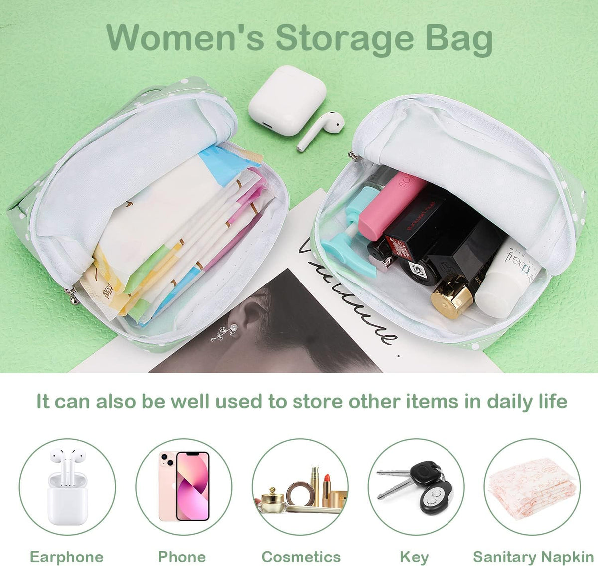 Sanitary Pad Storage Bag Portable Period Bag for Teen Pads/Sanitary Napkins/Small Tampons, Sanitary Napkin Storage Bag First Period Gifts for Teen Girls (Green Dot)