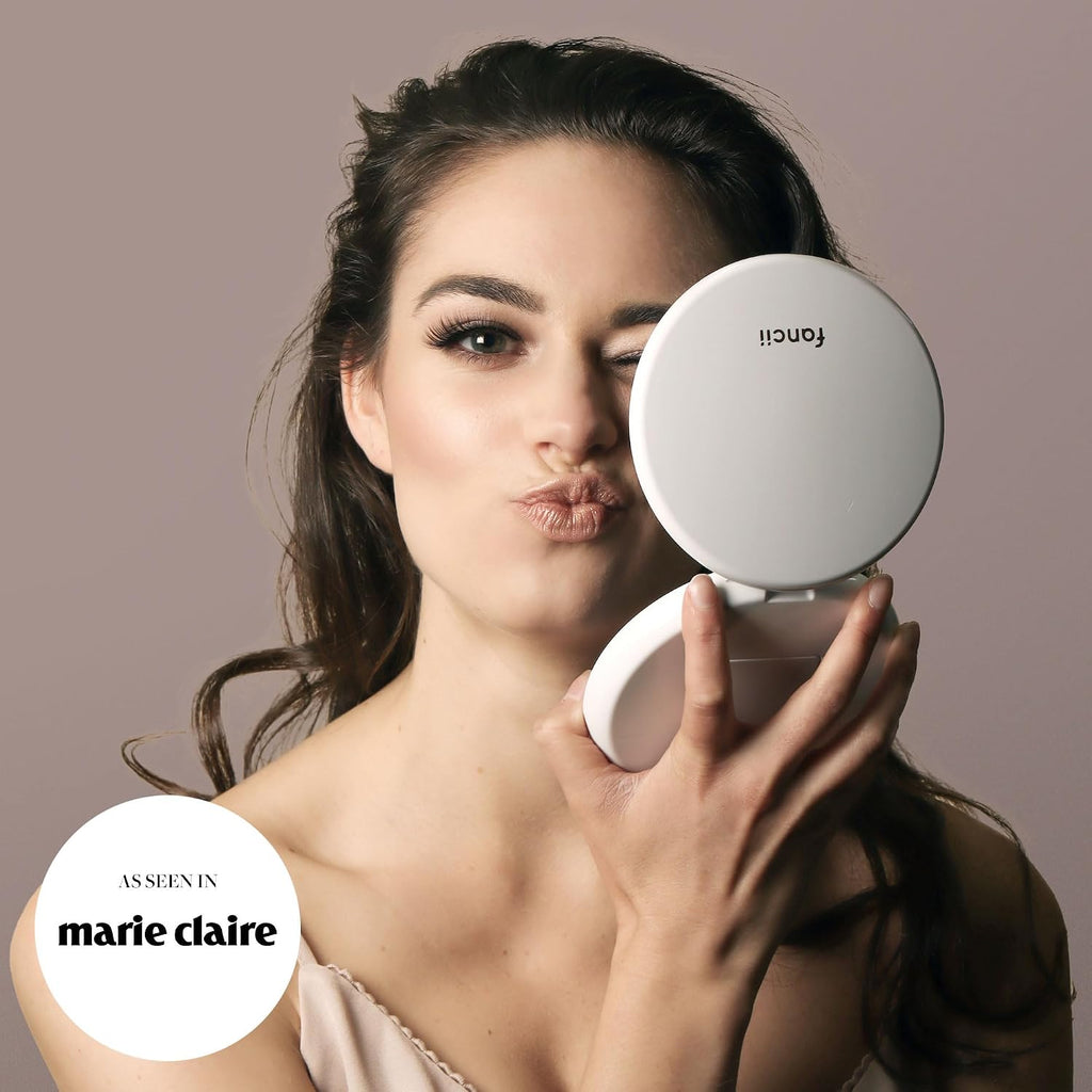 Fancii LED Lighted Travel Makeup Mirror, 1x/10x Magnification - Daylight LED, Compact, Portable, Large 5" Wide Illuminated Folding Mirror (Lumi) White