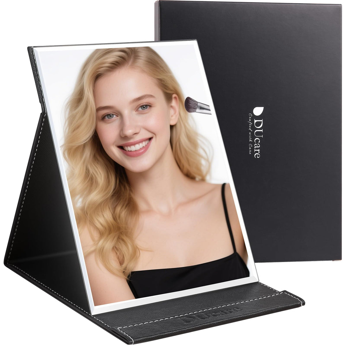 DUcare Folding Table Mirror 6x8 Inch - Portable Desk & Travel Mirror with PU Leather Cover, Adjustable Stand for Makeup, Shaving, Crafting, Pink