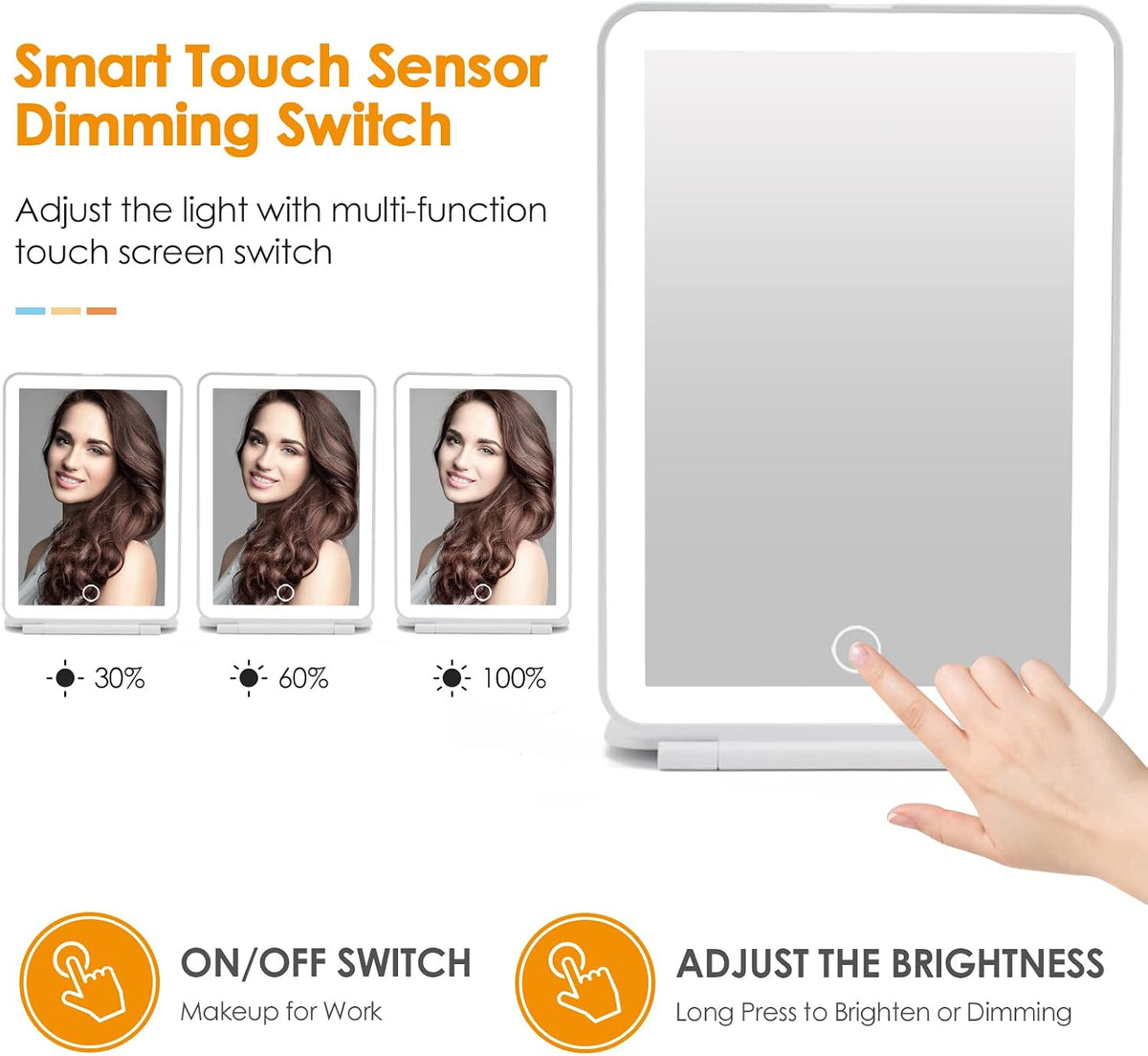 DenCert Rechargeable Travel Makeup Mirror 72 LED Lighted Compact Slim Vanity with Lights 3 Lighting Modes Dimmable Touch Screen (White),(DenCert)