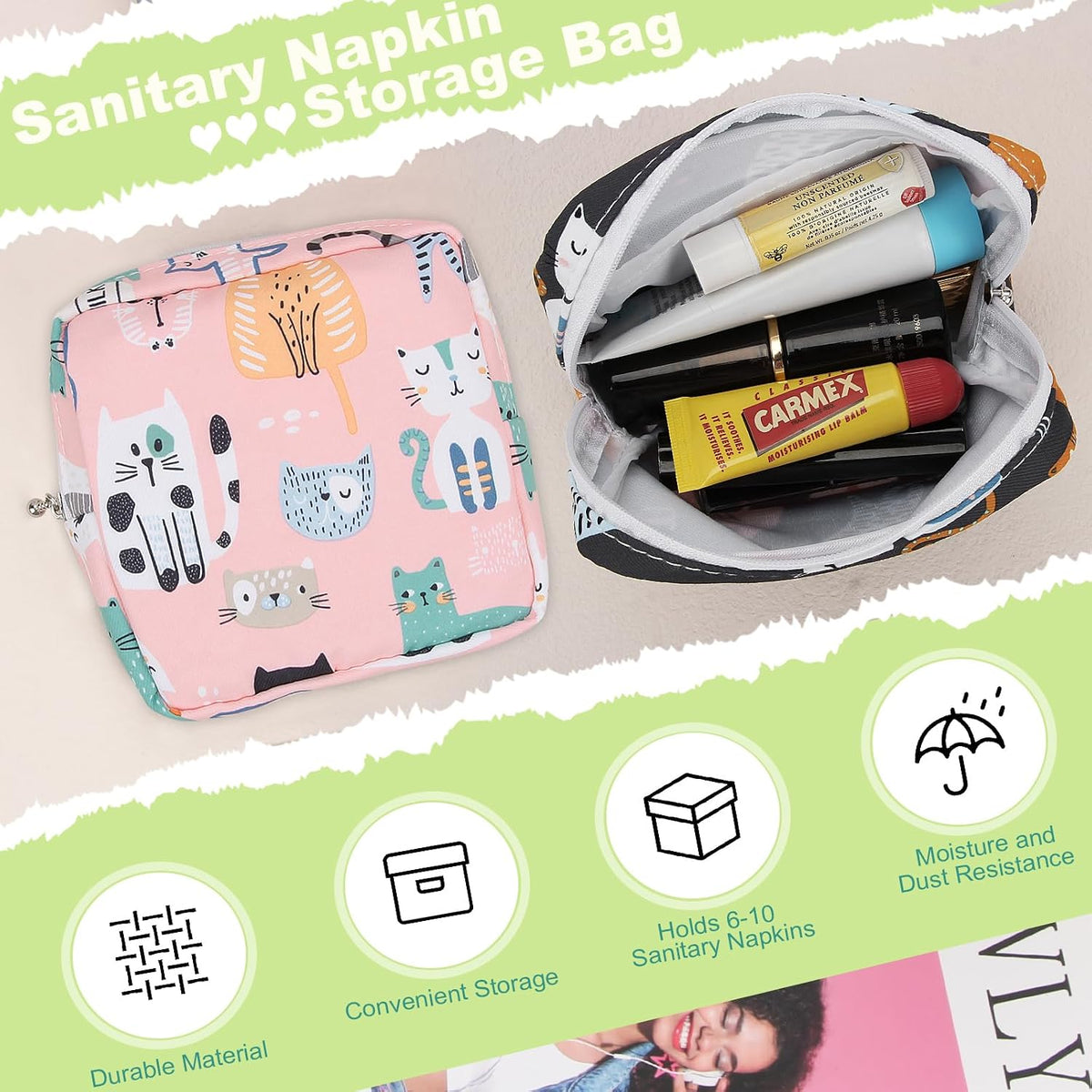 Sanitary Pad Storage Bag Portable Period Bag for Teen Pads/Sanitary Napkins/Small Tampons, Sanitary Napkin Storage Bag First Period Gifts for Teen Girls (Purple Hearts)