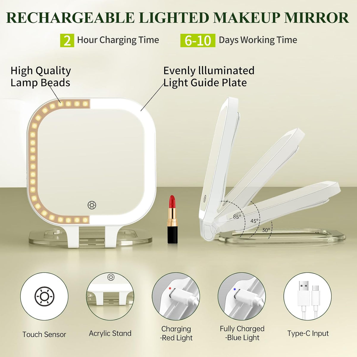 FUNTOUCH Rechargeable 7" Travel Makeup Mirror 30X Magnification,White