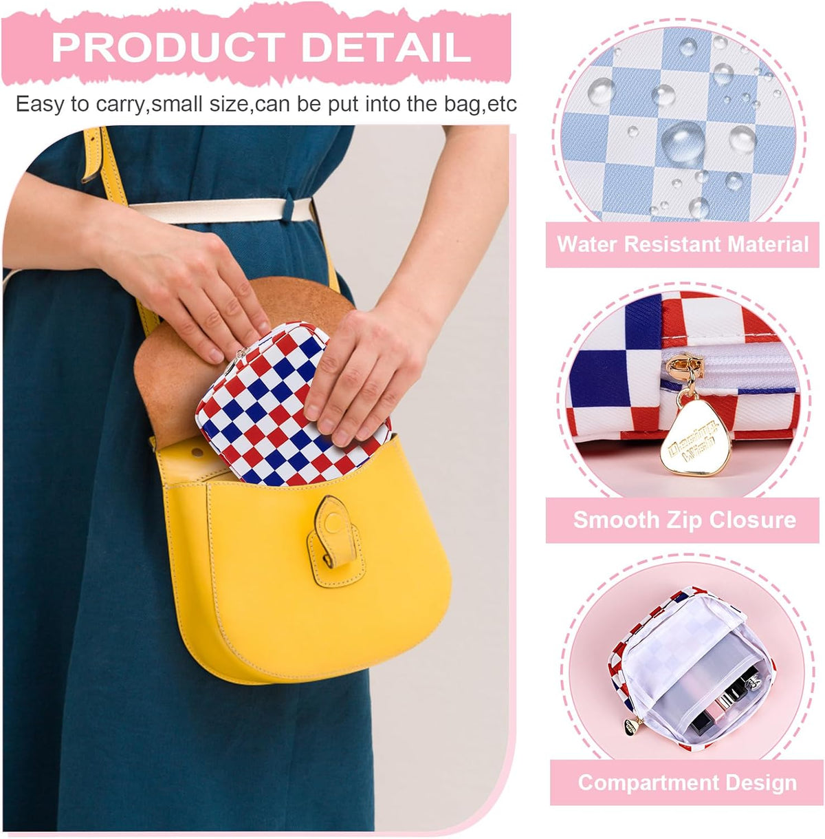 Period Bag Pouch Soft Cloth Sanitary Napkin Storage Bag Portable Menstrual Pad Pouches Tampon Holder for Purse First Period Kit for Girls 9-12 (Rose-Pink Check)