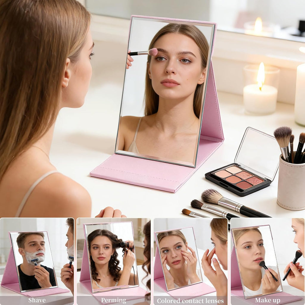 DUcare Folding Table Mirror 6x8 Inch - Portable Desk & Travel Mirror with PU Leather Cover, Adjustable Stand for Makeup, Shaving, Crafting, Pink