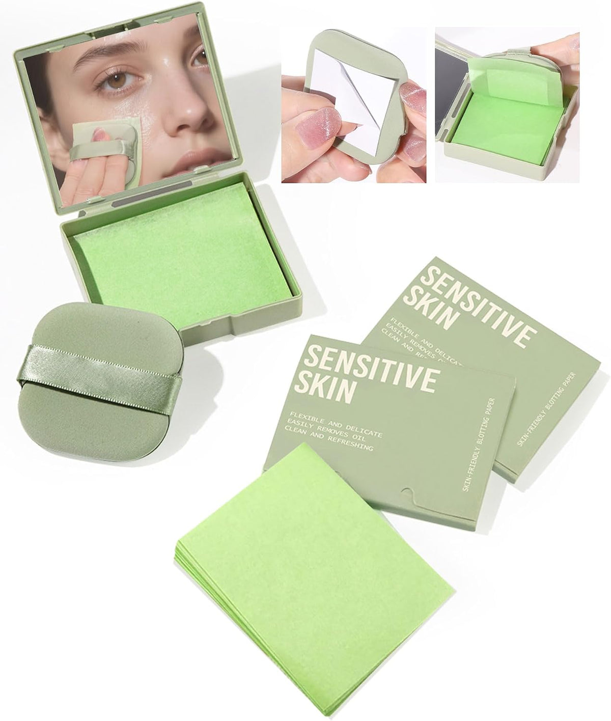 300 Count Oil Blotting Sheets for Face with Mirror & Puff Set