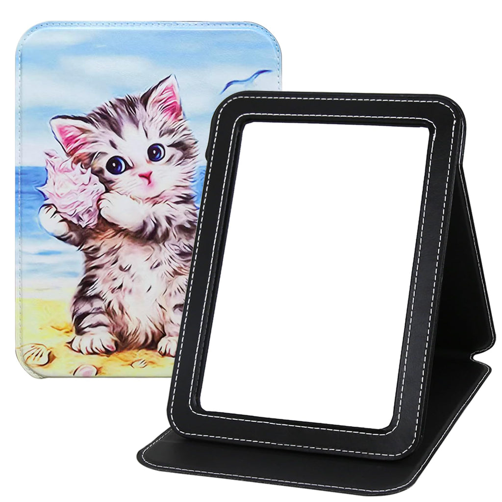 Large Folding Mirror Portable, Travel Foldable PU Adjustable Rectangular Ultrathin Vanity Mirror Rounded Corner with Multi Stand Angle, for Travel, Camping,Home 9x7 Inch