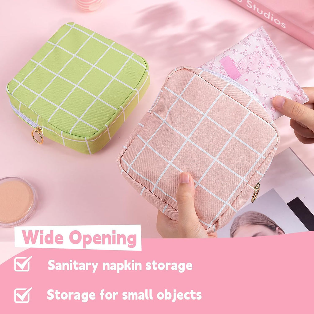 Period Bag Pouch Soft Cloth Sanitary Napkin Storage Bag Portable Menstrual Pad Pouches Tampon Holder for Purse First Period Kit for Girls 9-12 (Rose-Pink Check)