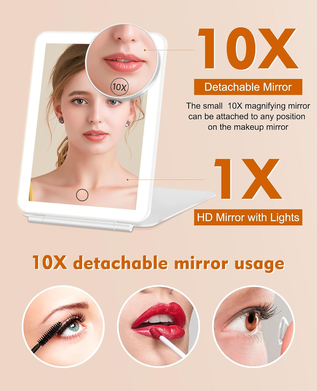 FUNTOUCH Rechargeable Travel Makeup Mirror with Lights 10X Magnifying