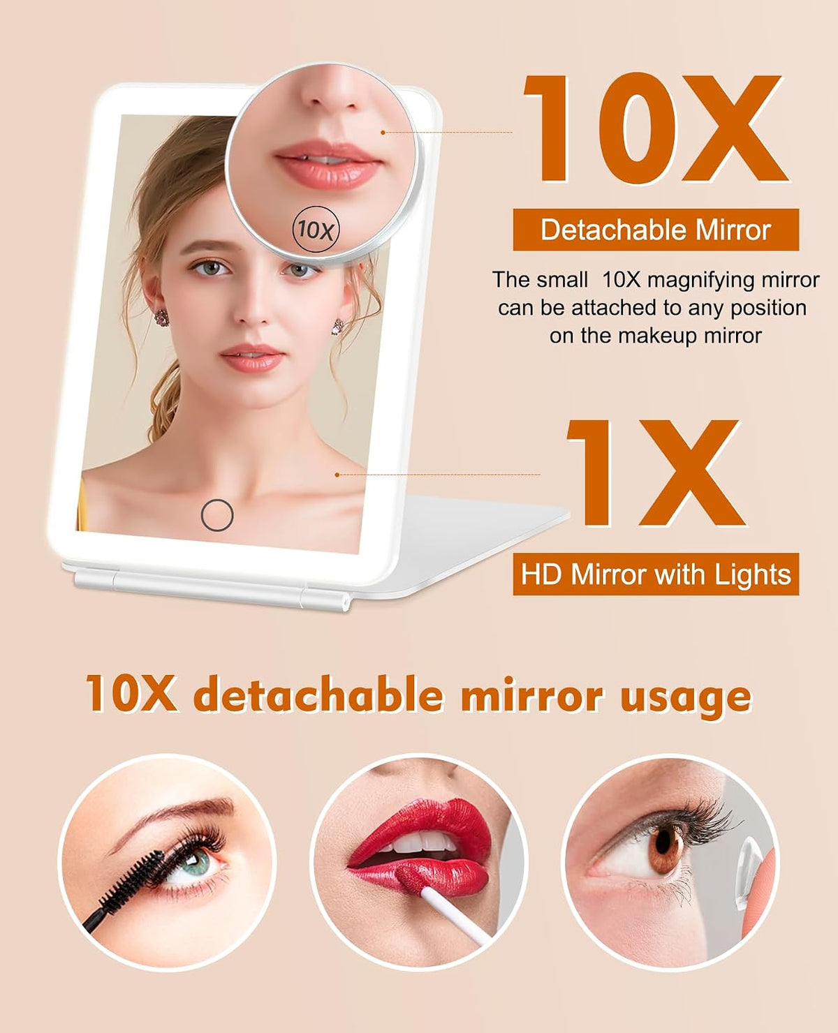 FUNTOUCH Rechargeable Travel Makeup Mirror with Lights 10X Magnifying