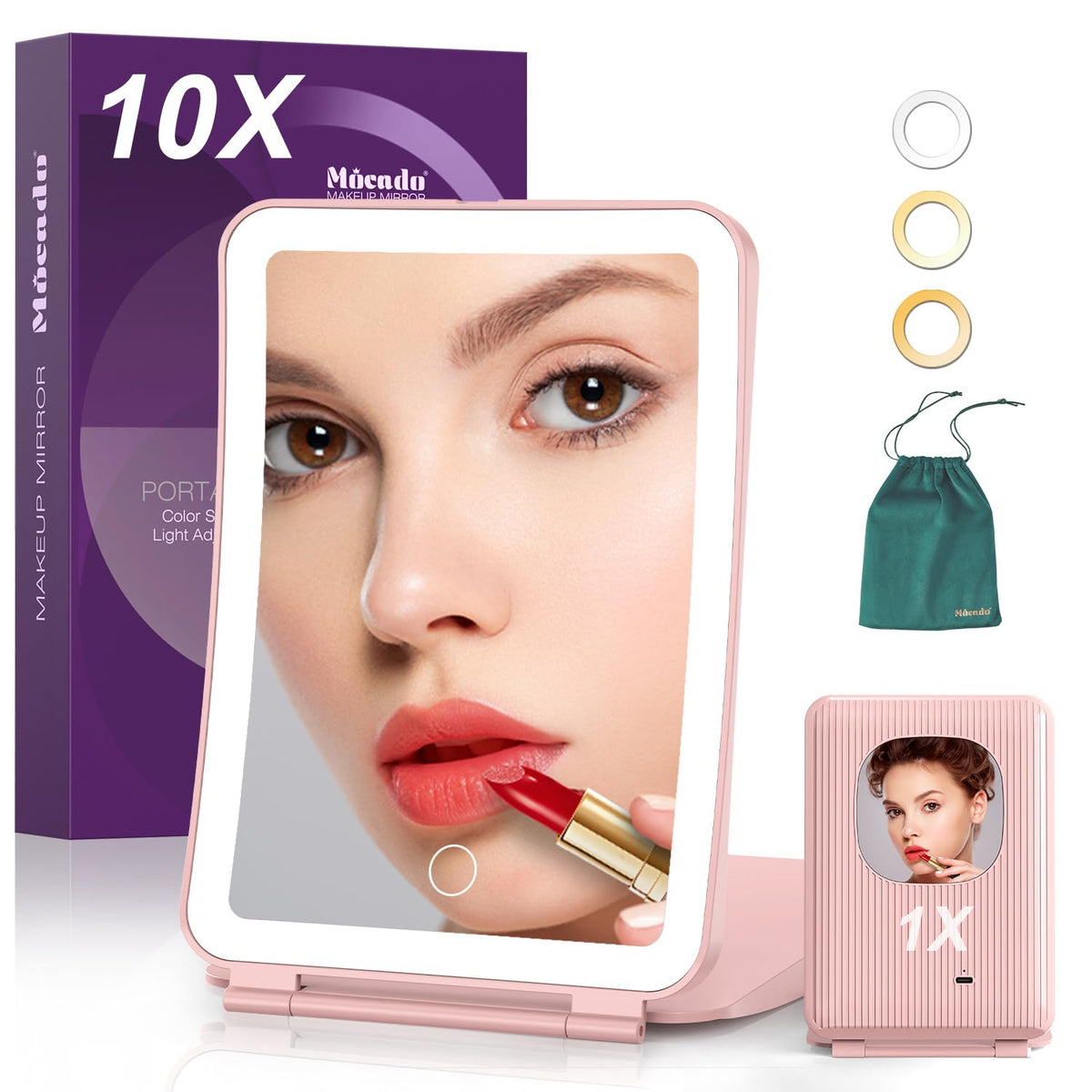 Mocado Travel Makeup Mirror with Light, 1x/10x Magnifying Mirror with Light