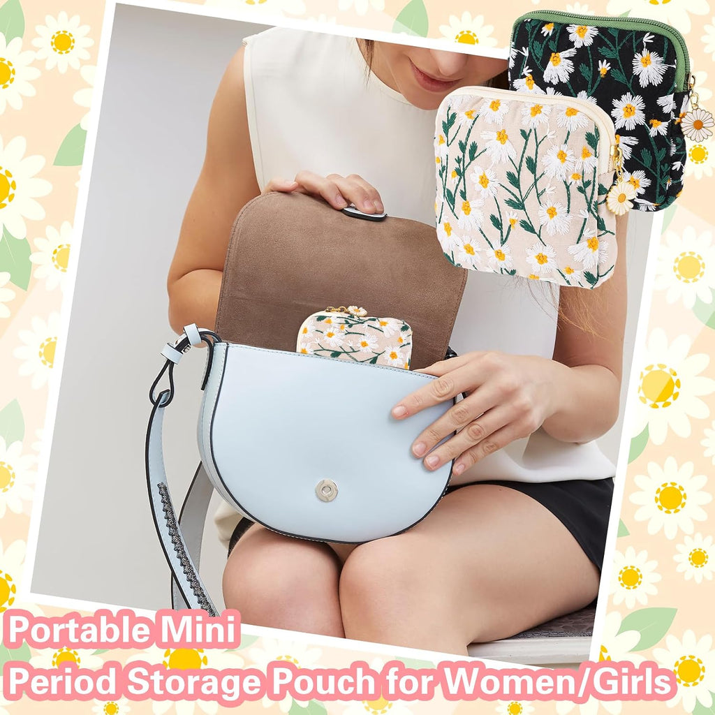 TIESOME Daisies Sanitary Napkin Storage Bag, 2 Pcs Embroidery Menstrual Cup Pouch Cotton Soft Period Holder Bag Portable Tampon Holder Pad Pouch Period Kit Bag for Women Teen Girls