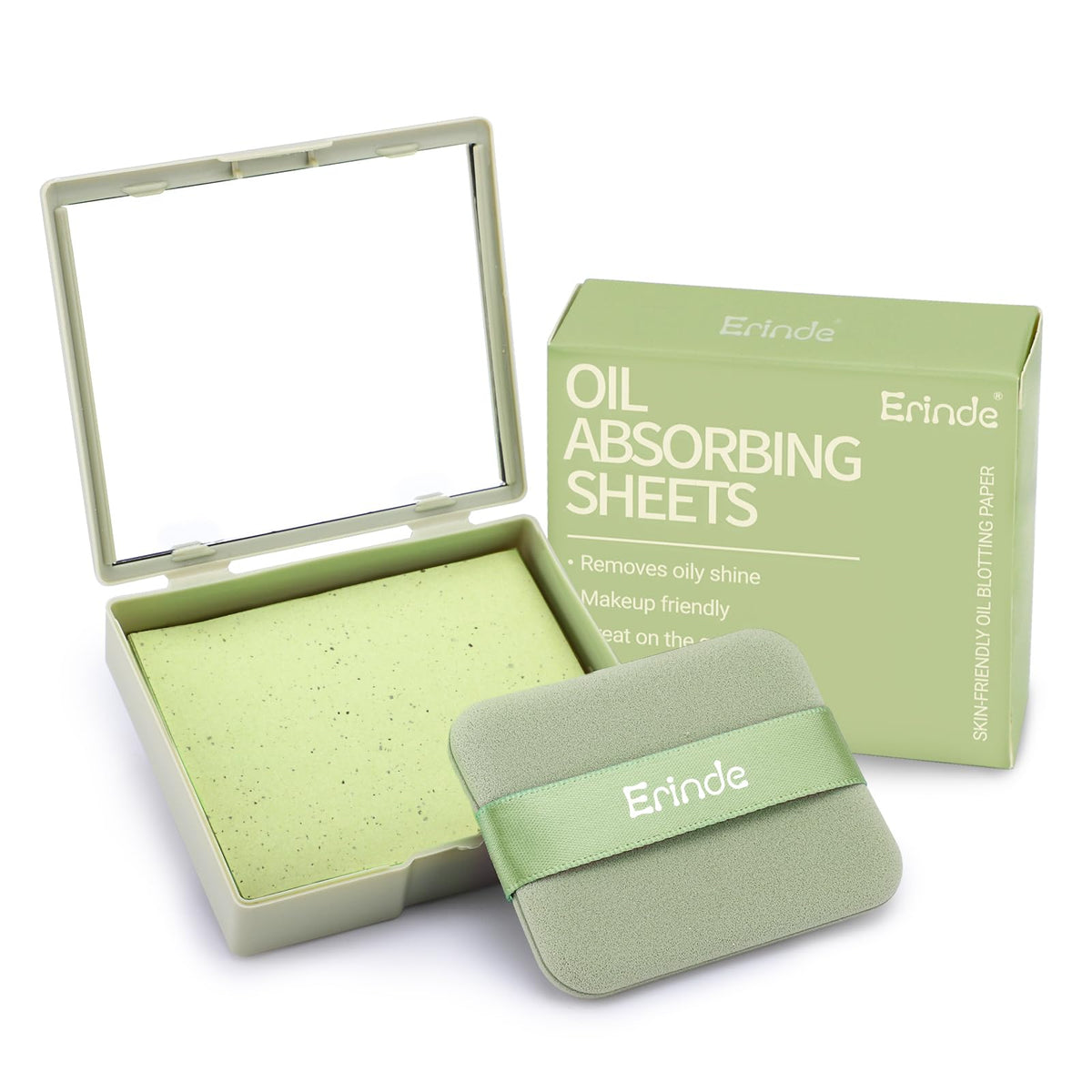Erinde Oil Blotting Sheets for Face with Mirror and Puff, 300 Sheets Oil Blotting Paper for Oily Skin, Face Oil Absorbing Sheet, Natural Oil Control Film, Absorb Excess Oil, Makeup Friendly