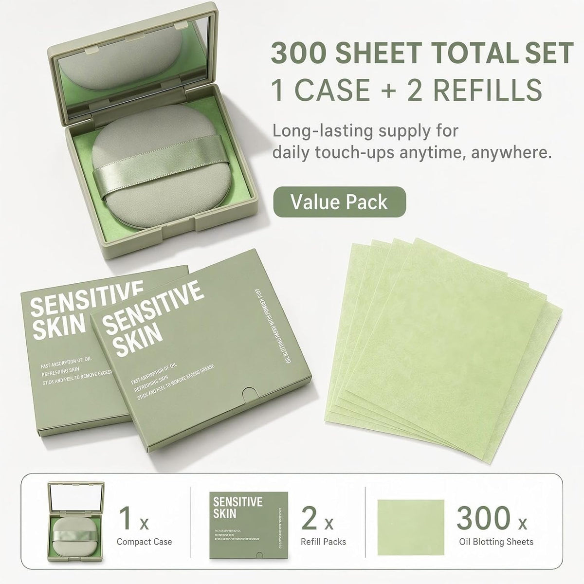 300 Sheets Oil Blotting Sheets for Face - Natural Wood Pulp, Mirror Kit