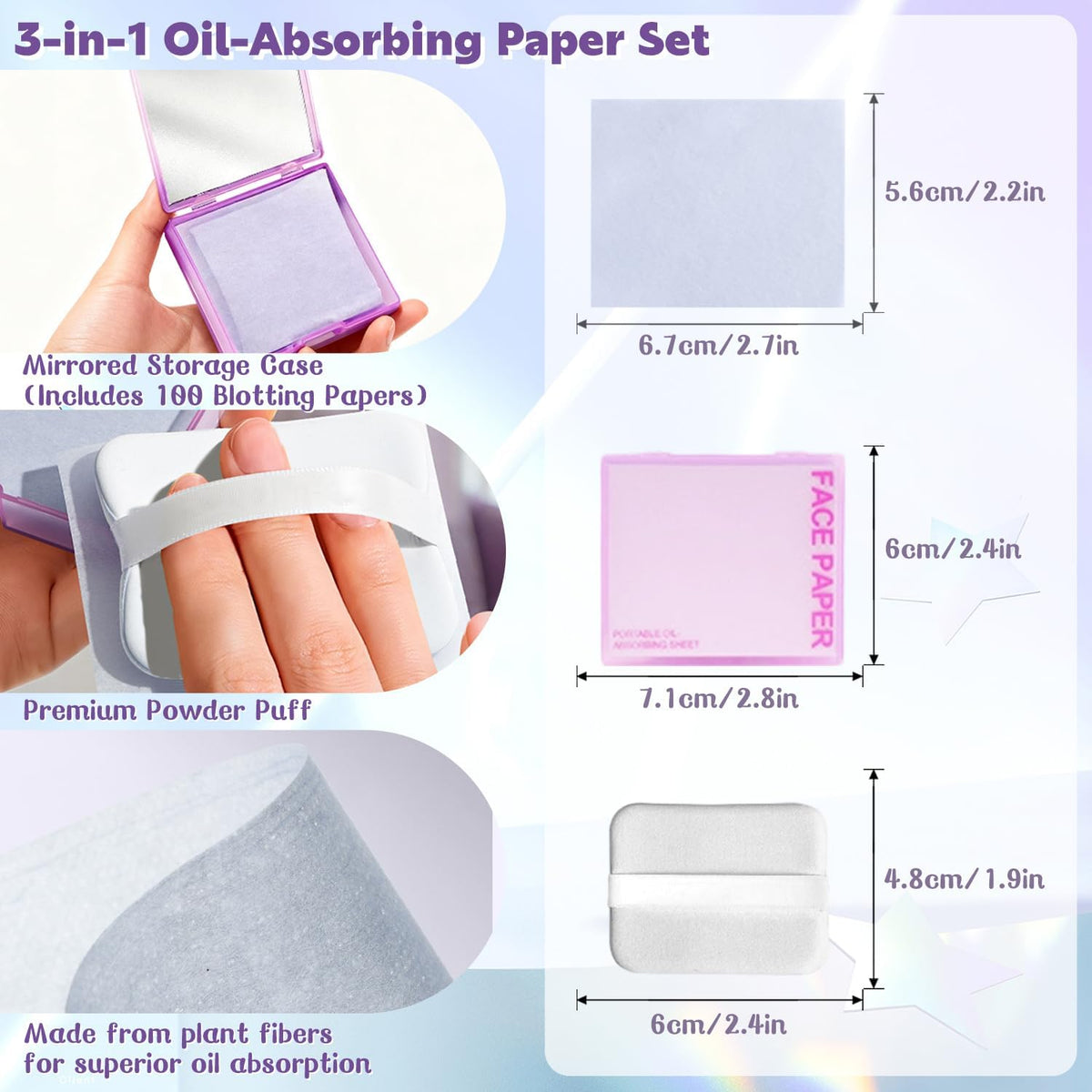 SYNTHORA Oil Blotting Papers for Face, 100 Sheets Oil Absorbing Blotting Paper with Mirror & Puff, Linen Fiber Shine Control Sheets, Makeup Friendly Portable Oil Control for Oily Skin(Purple)