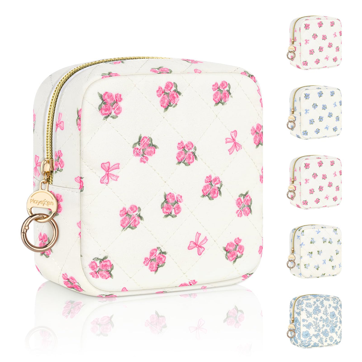 Floral Period Bag, Small Period Pouches for Teen Girls, Quilted Sanitary Napkin Storage Bag, Compact Discreet Pad and Tampon Holder for Purse (Floral-Rose Blue)