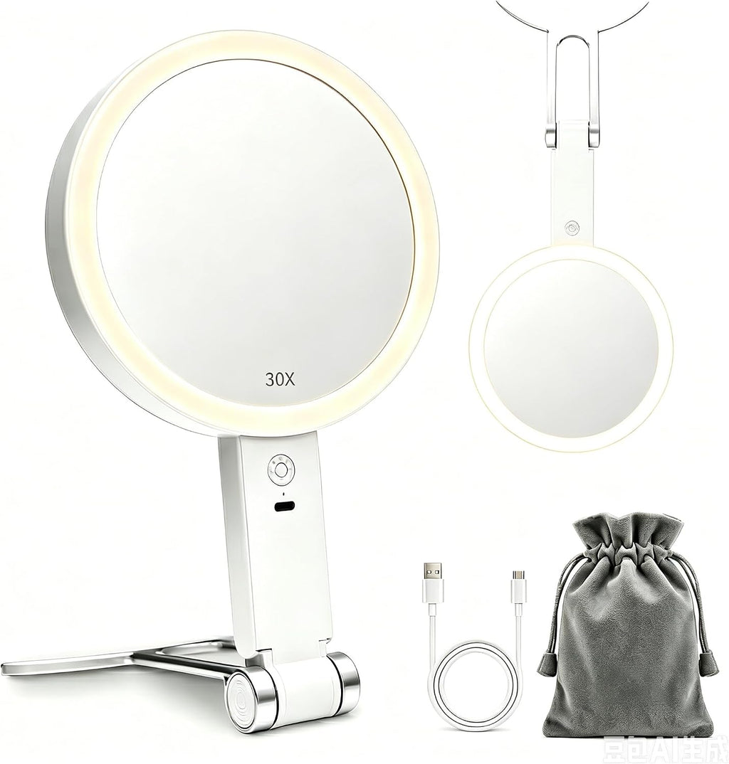 Travel Makeup Mirror with Lights, Rechargeable 30X/1X Magnifying Mirror