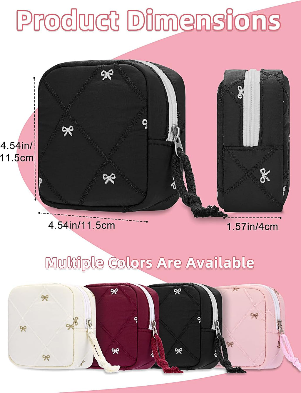 Quilted Bow Period Bag, Period Pouches for Teen Girls Women(Black)