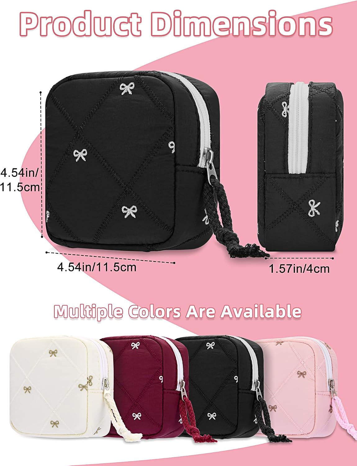 Quilted Bow Period Bag, Period Pouches for Teen Girls Women(Black)