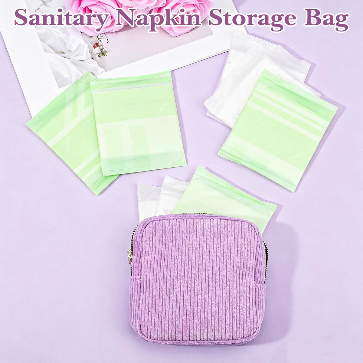 Period Bag, Small Pouches for Purse, Portable Cute Makeup Bag for Women, Corduroy Sanitary Period Bags, Small Cosmetic Bags, Discreet Menstrual Pads Pouches Tampons Holder(Purple)