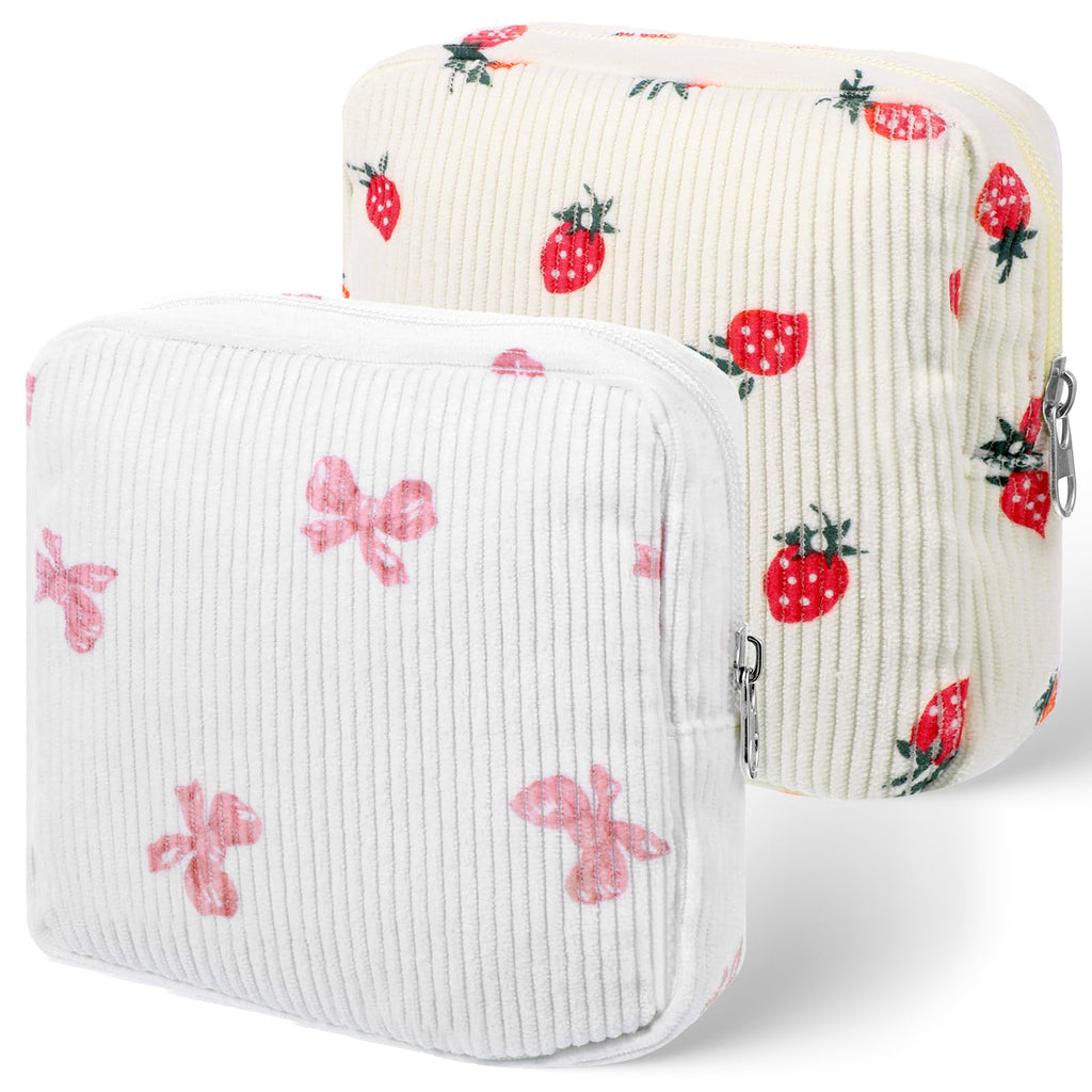 2 Pack Period Bag Pouch for Women Girls, Cute Corduroy Sanitary Napkin Storage Bag with Bow Design, Portable Discreet Menstrual Pad Pouches Tampon Holder for Purse, Small Make Up Bags