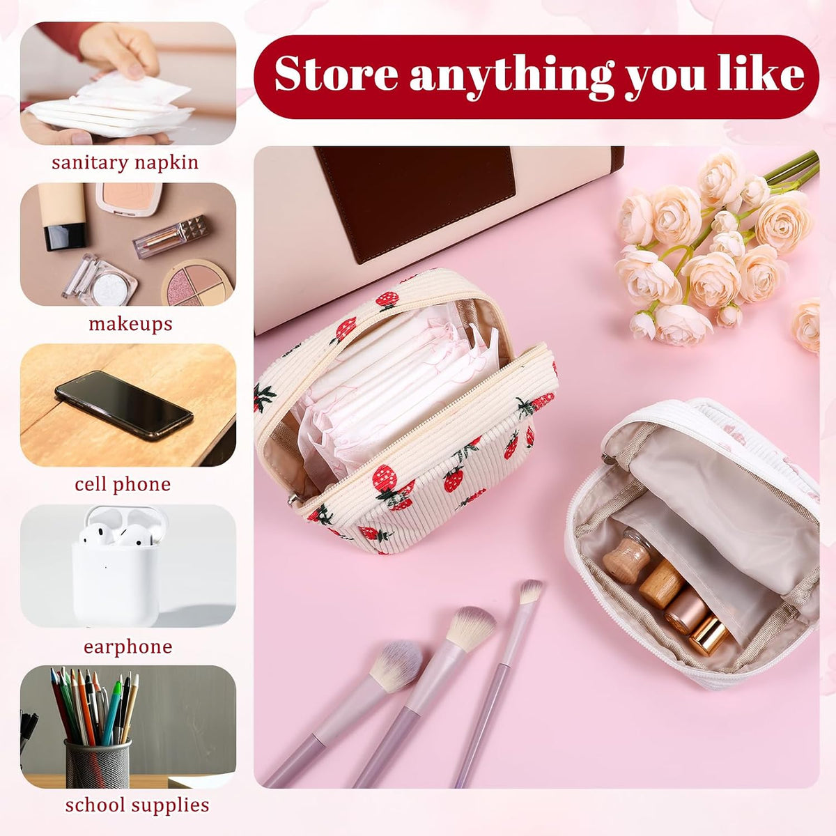 2 Pack Period Bag Pouch for Women Girls, Cute Corduroy Sanitary Napkin Storage Bag with Bow Design, Portable Discreet Menstrual Pad Pouches Tampon Holder for Purse, Small Make Up Bags