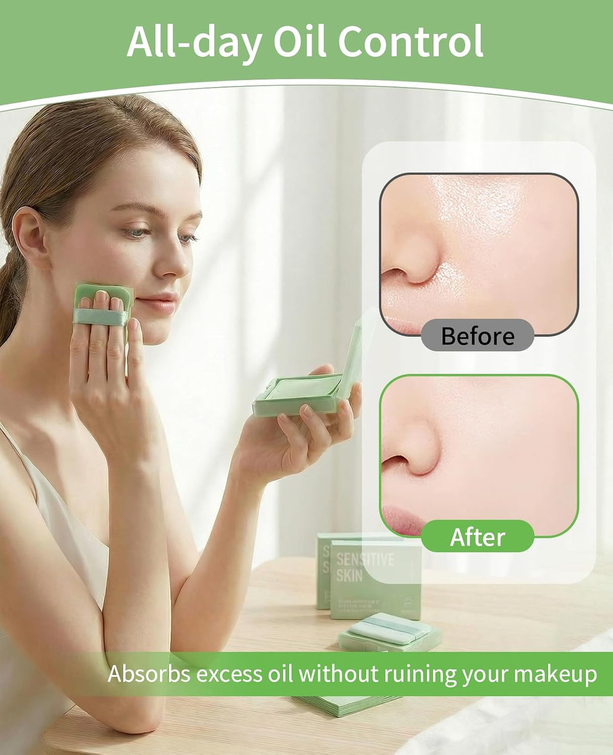 400 Sheets Oil Blotting Papers for Face with Mirror Puff, Oil Absorbing Sheets for Oily Skin