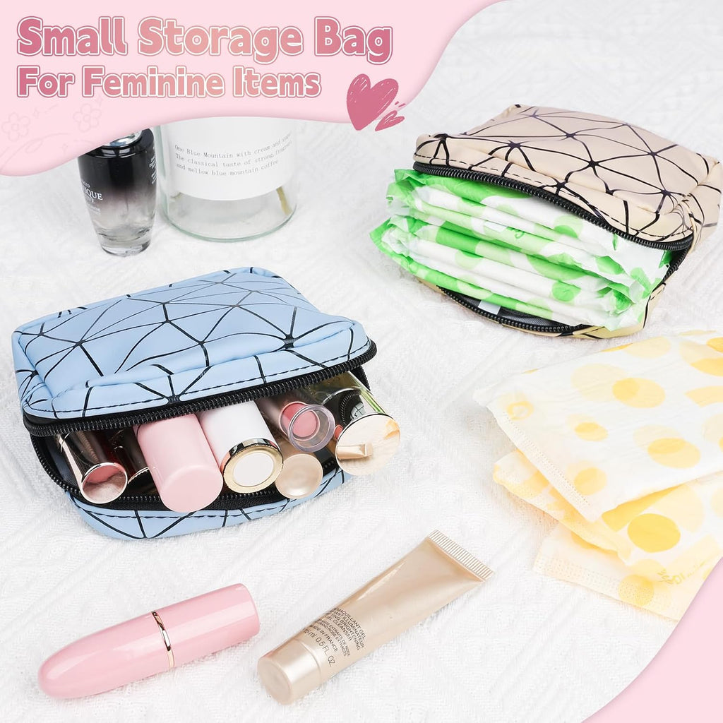 Discreet Period Bag Waterproof Geometric PU Sanitary Napkin Storage Bag Portable Menstrual Pad Pouch Cute Tampon Bag for Purse Small Makeup Bag S-Pink