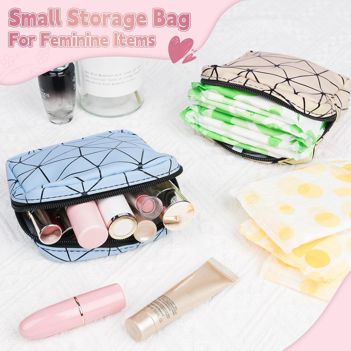 Discreet Period Bag Waterproof Geometric PU Sanitary Napkin Storage Bag Portable Menstrual Pad Pouch Cute Tampon Bag for Purse Small Makeup Bag S-Pink