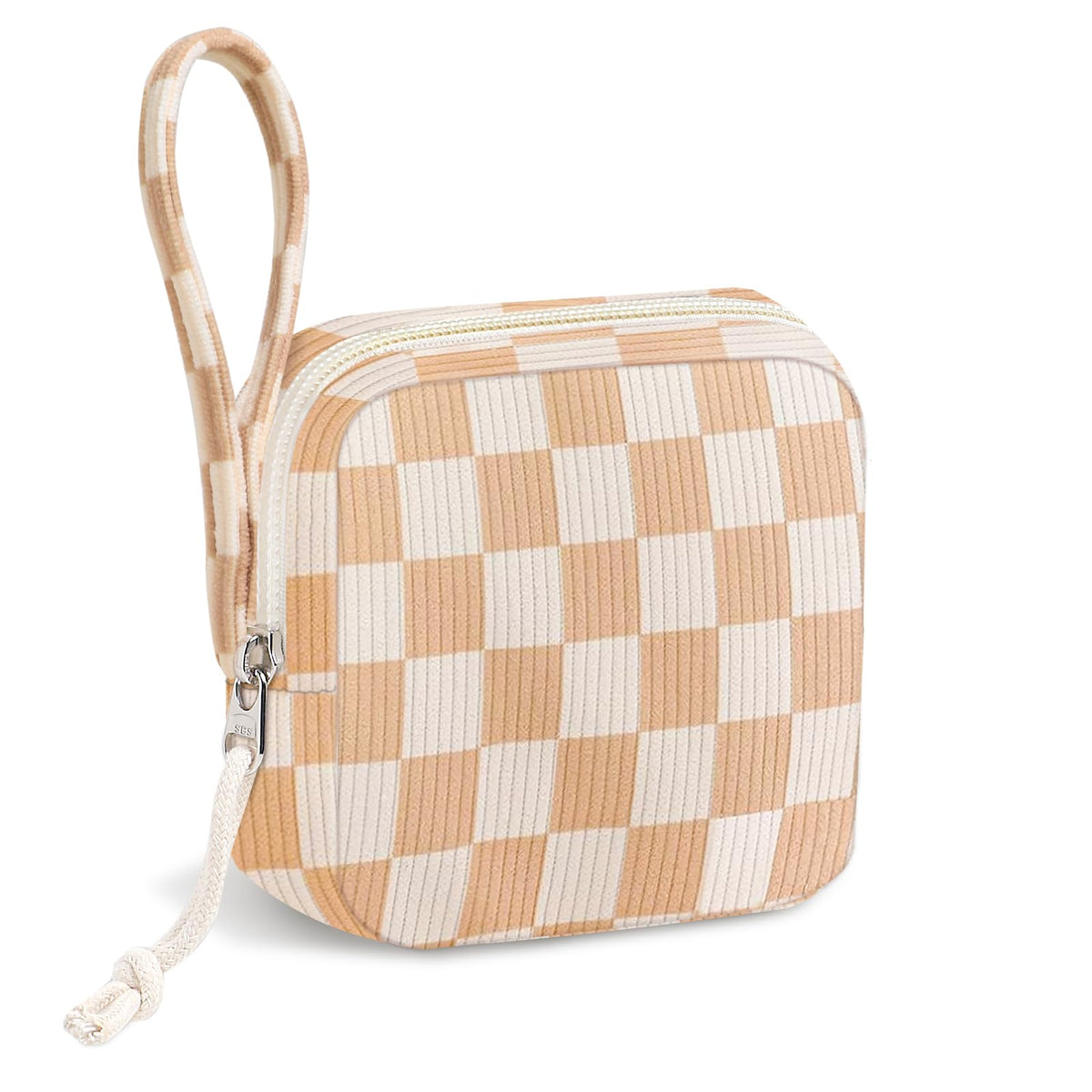 Corduroy Period Pouch for Women, Cute Sanitary Pad Pouch with Zipper, Portable Tampon Holder for Purse, Sanitary Napkin Storage Bag for Travel (Stripes Brown White)