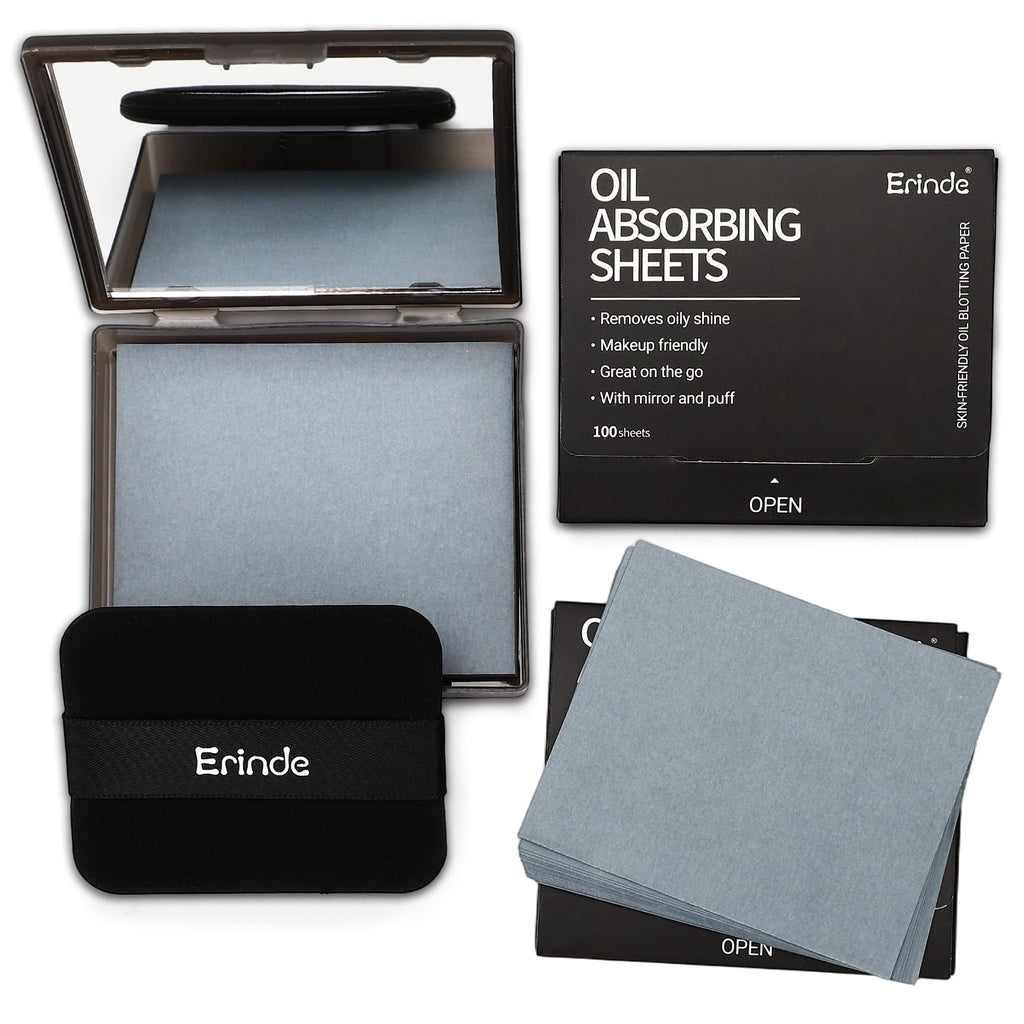 Erinde Oil Blotting Sheets for Face with Mirror and Puff, 300 Sheets Oil Blotting Paper for Oily Skin, Face Oil Absorbing Sheet, Natural Oil Control Film, Absorb Excess Oil, Makeup Friendly