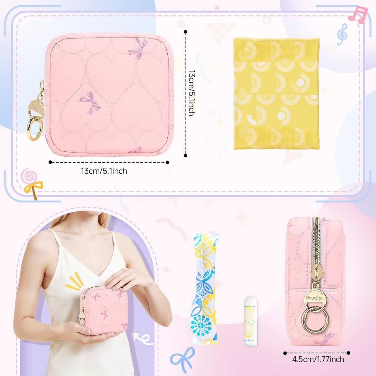 Quilted Period Bag with Cherry Keychain, Small Period Pouches for Teen Girls, Cute Sanitary Napkin Storage Bag, Bow Compact Discreet Pad and Tampon Holder for Purse (Plaid-Pink)