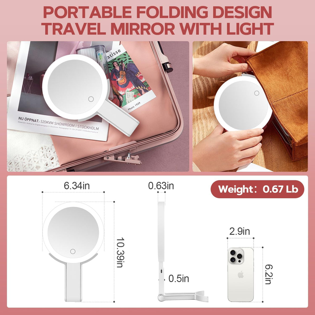 MIYADIVA 30X Magnifying Makeup Mirror with Light, Double-Sided 1X/30X Travel Makeup Mirror, 56 LED Lights, 3 Color Modes, Dimmable, USB-C Rechargeable, Portable Foldable Vanity Mirror for Women