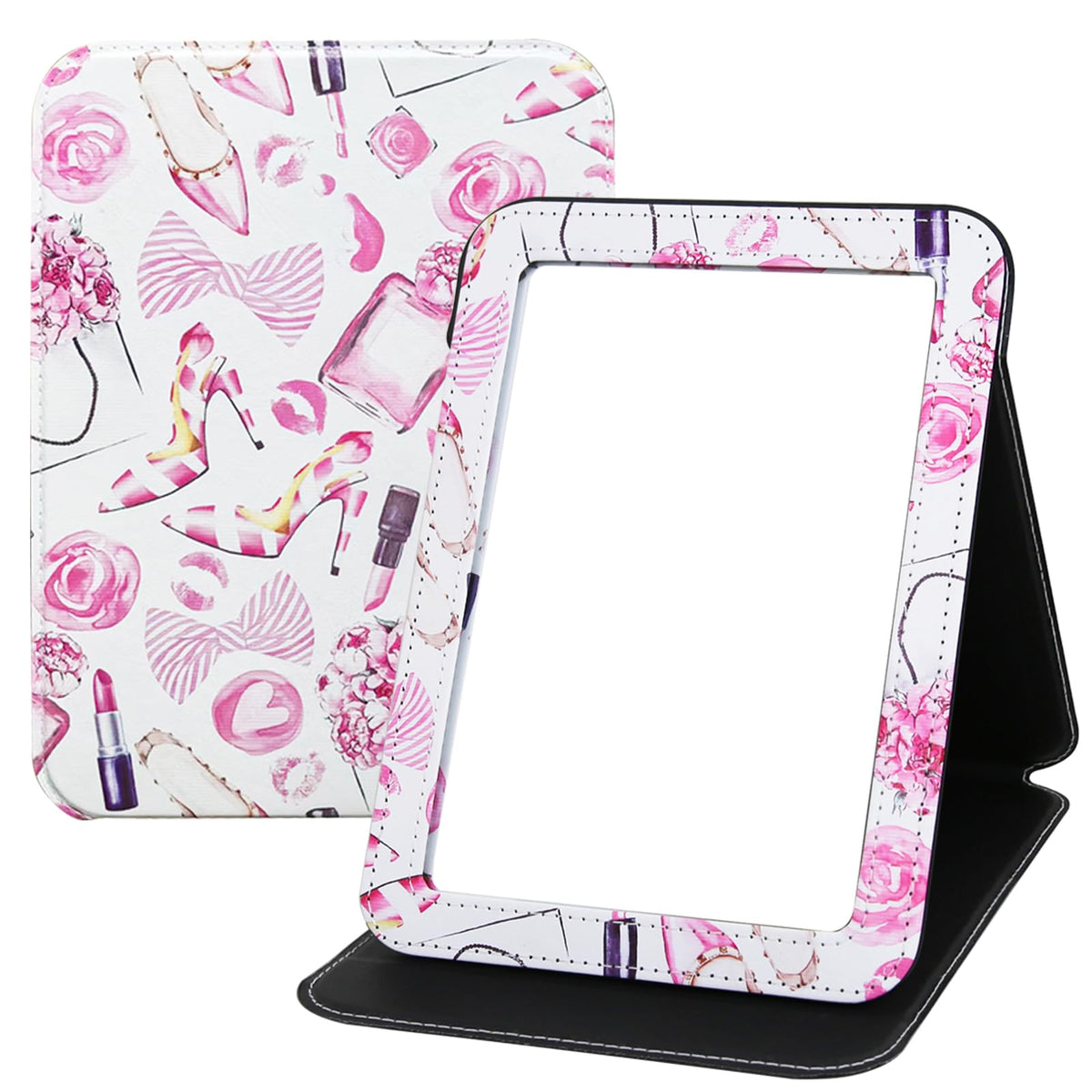 Large Folding Mirror Portable, Travel Foldable PU Adjustable Rectangular Ultrathin Vanity Mirror Rounded Corner with Multi Stand Angle, for Travel, Camping,Home 9x7 Inch