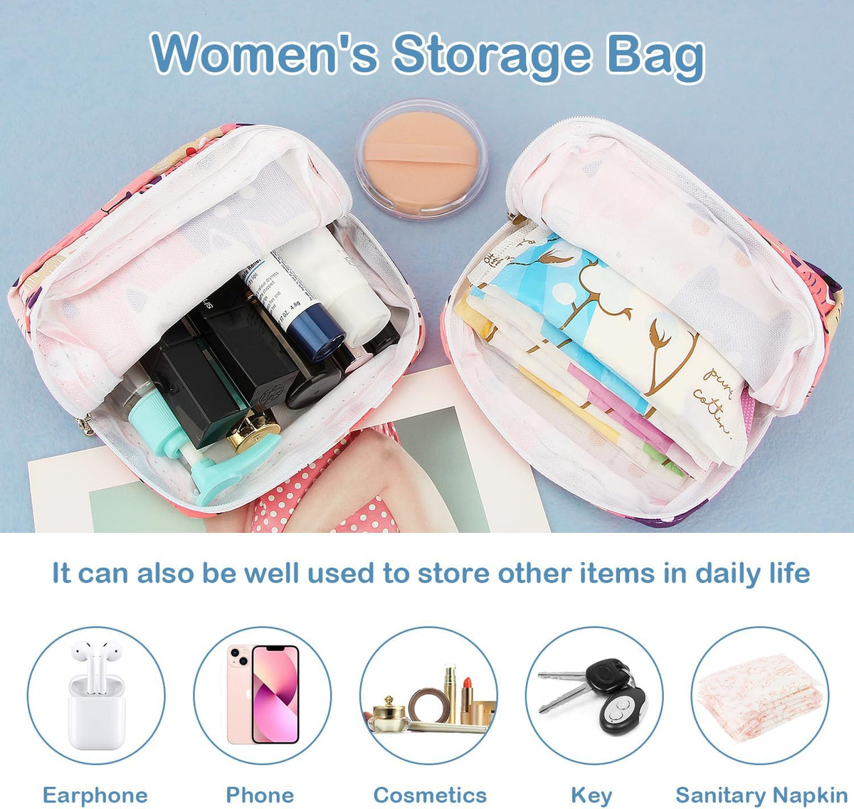 Sanitary Pad Storage Bag Portable Period Bag for Teen Pads/Sanitary Napkins/Small Tampons, Sanitary Napkin Storage Bag First Period Gifts for Teen Girls (Cat)