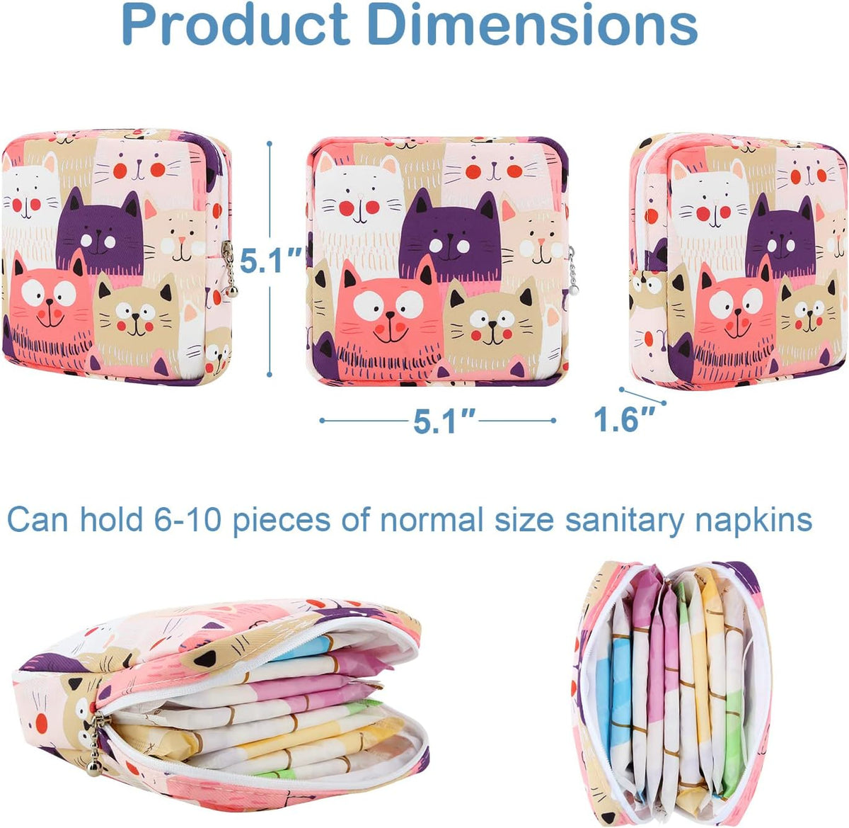 Sanitary Pad Storage Bag Portable Period Bag for Teen Pads/Sanitary Napkins/Small Tampons, Sanitary Napkin Storage Bag First Period Gifts for Teen Girls (Cat)