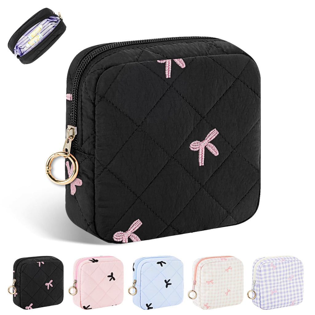 Period Bag for Teen Girls, Quilted Sanitary Napkin Storage Bag, Cute Bow Tie Menstrual Pad Pouch Tampon Holder (Plaid Pink)