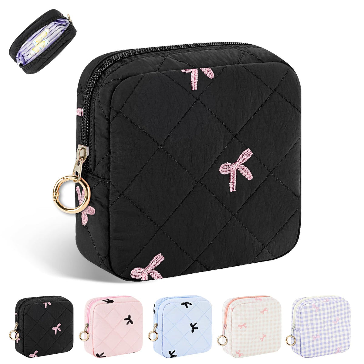 Period Bag for Teen Girls, Quilted Sanitary Napkin Storage Bag, Cute Bow Tie Menstrual Pad Pouch Tampon Holder (Plaid Pink)