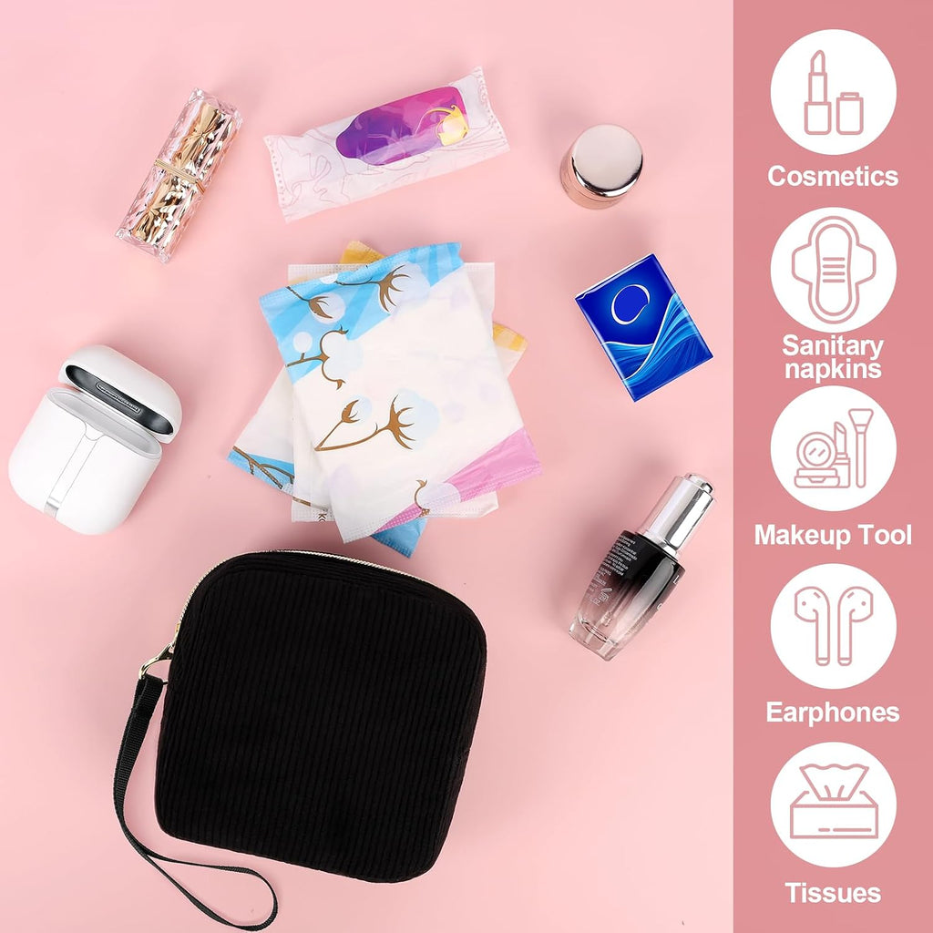 Corduroy Period Pouch Discreet Sanitary Napkin Storage Bag Black