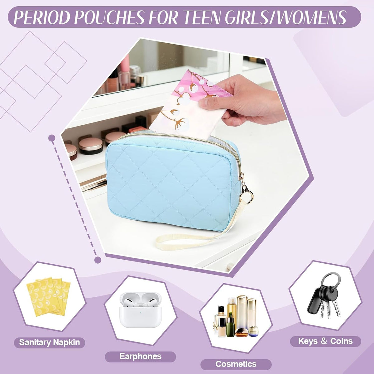 Likesing Period Bag, Quilted Sanitary Bags Tampon Bag for Purse(Blue)