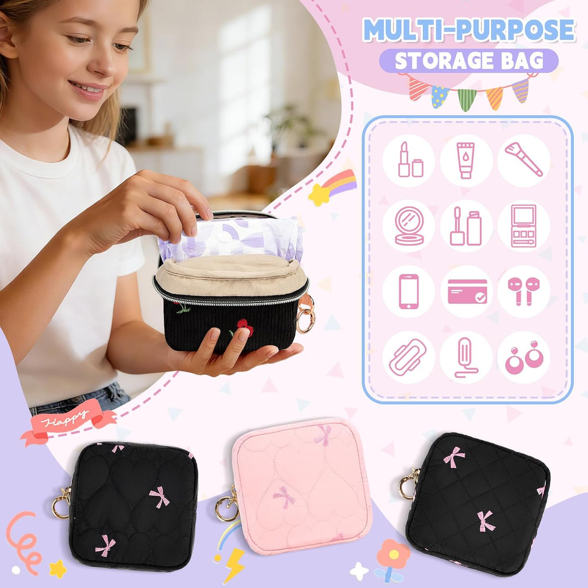 Period Bag with Cherry Keychain, Small Period Pouches for Teen Girls, Cute Sanitary Napkin Storage Bag, Cherry Compact Discreet Pad and Tampon Holder for Purse (Corduroy-Black)