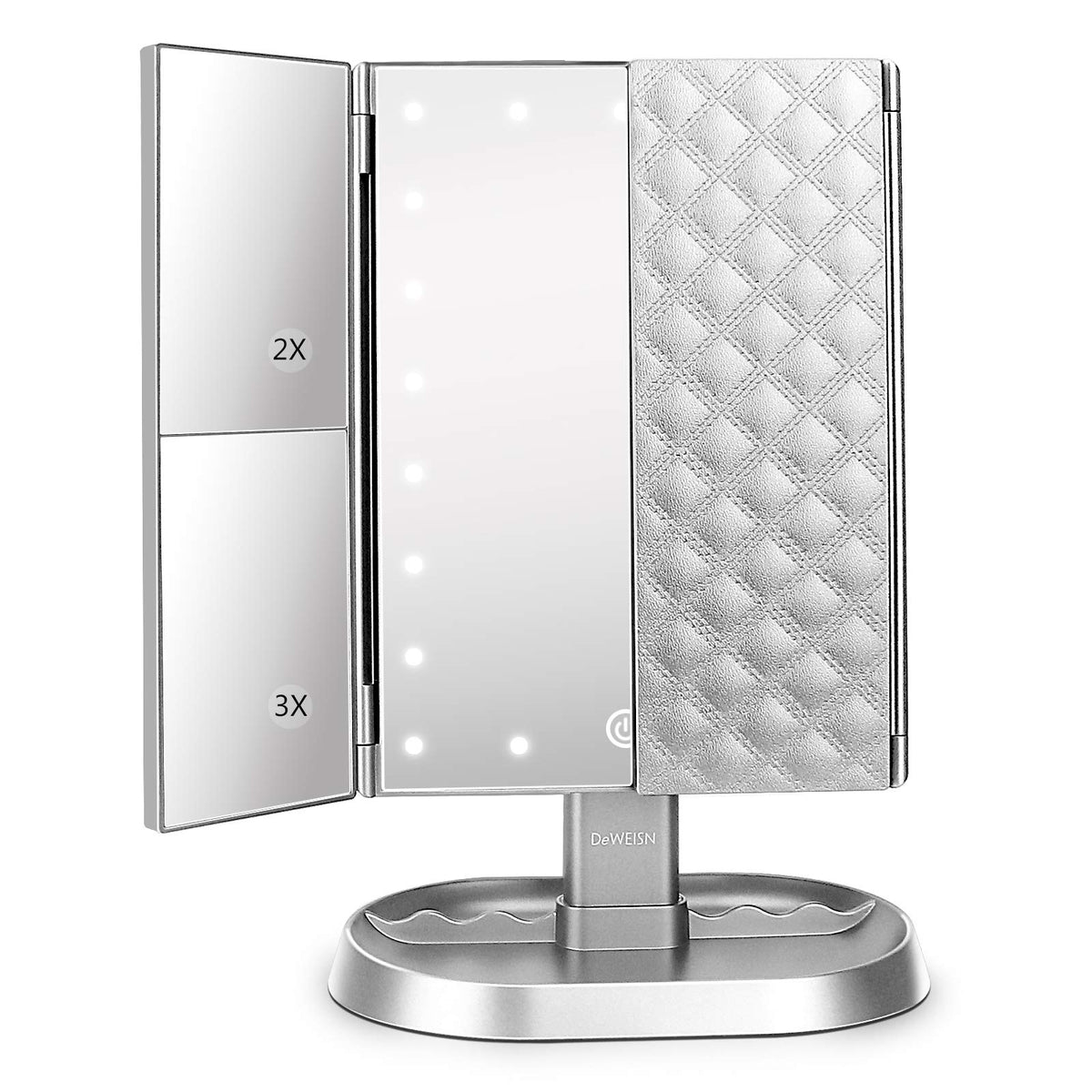 deweisn Trifold Lighted Vanity Makeup Mirror with 21 LEDs Lights,1x/2x/3x Magnification and Touch Screen Dimming,Two Power Supplies Makeup Mirror, Gift for Women