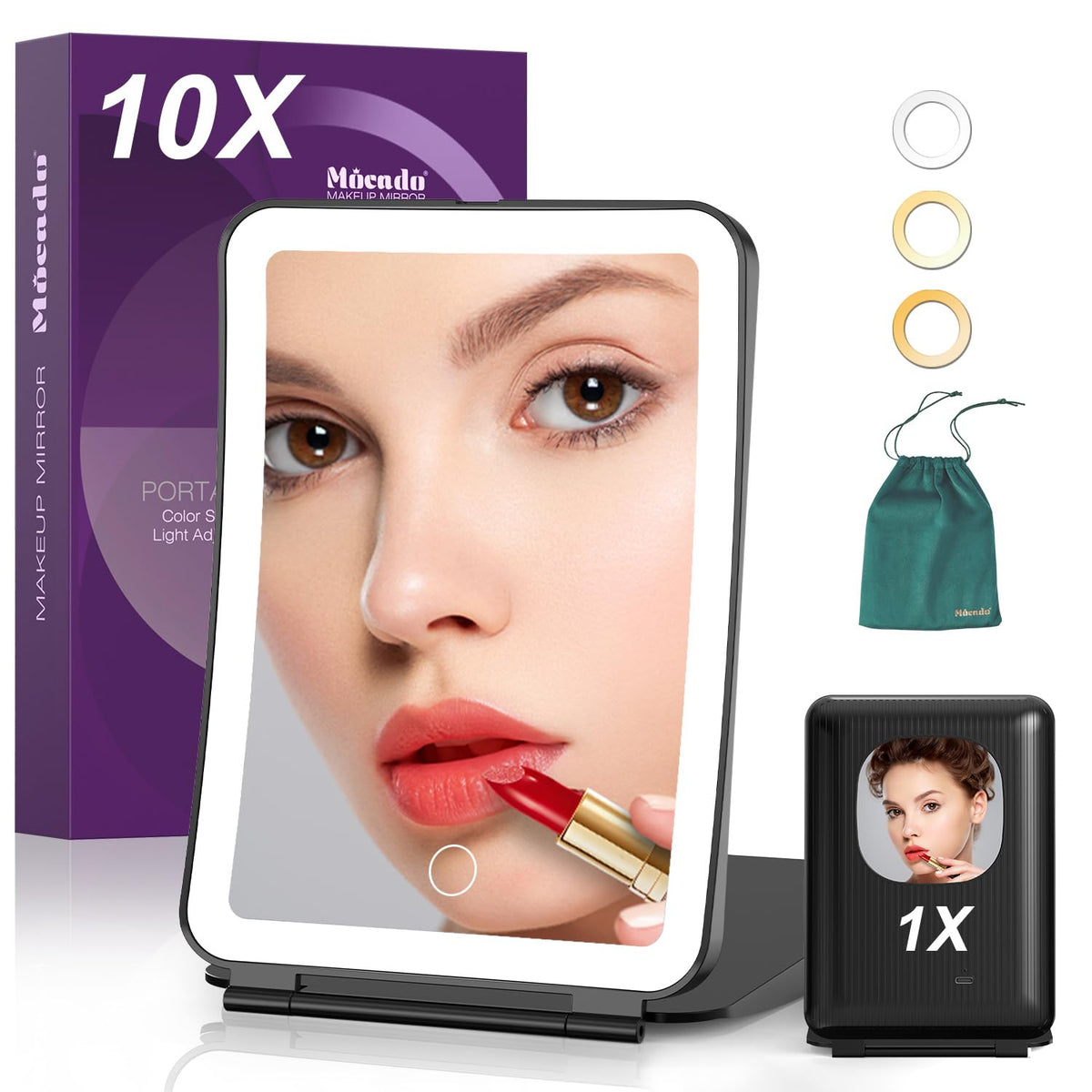 Mocado Travel Makeup Mirror with Light, 1x/10x Magnifying Mirror with Light