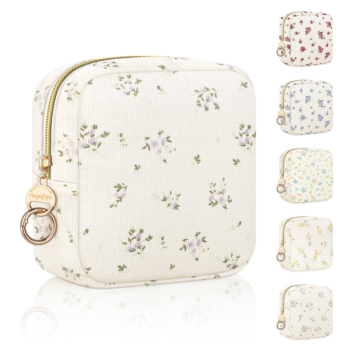 Floral Period Bag, Small Period Pouches for Teen Girls, Quilted Sanitary Napkin Storage Bag, Compact Discreet Pad and Tampon Holder for Purse (Floral-Blue)