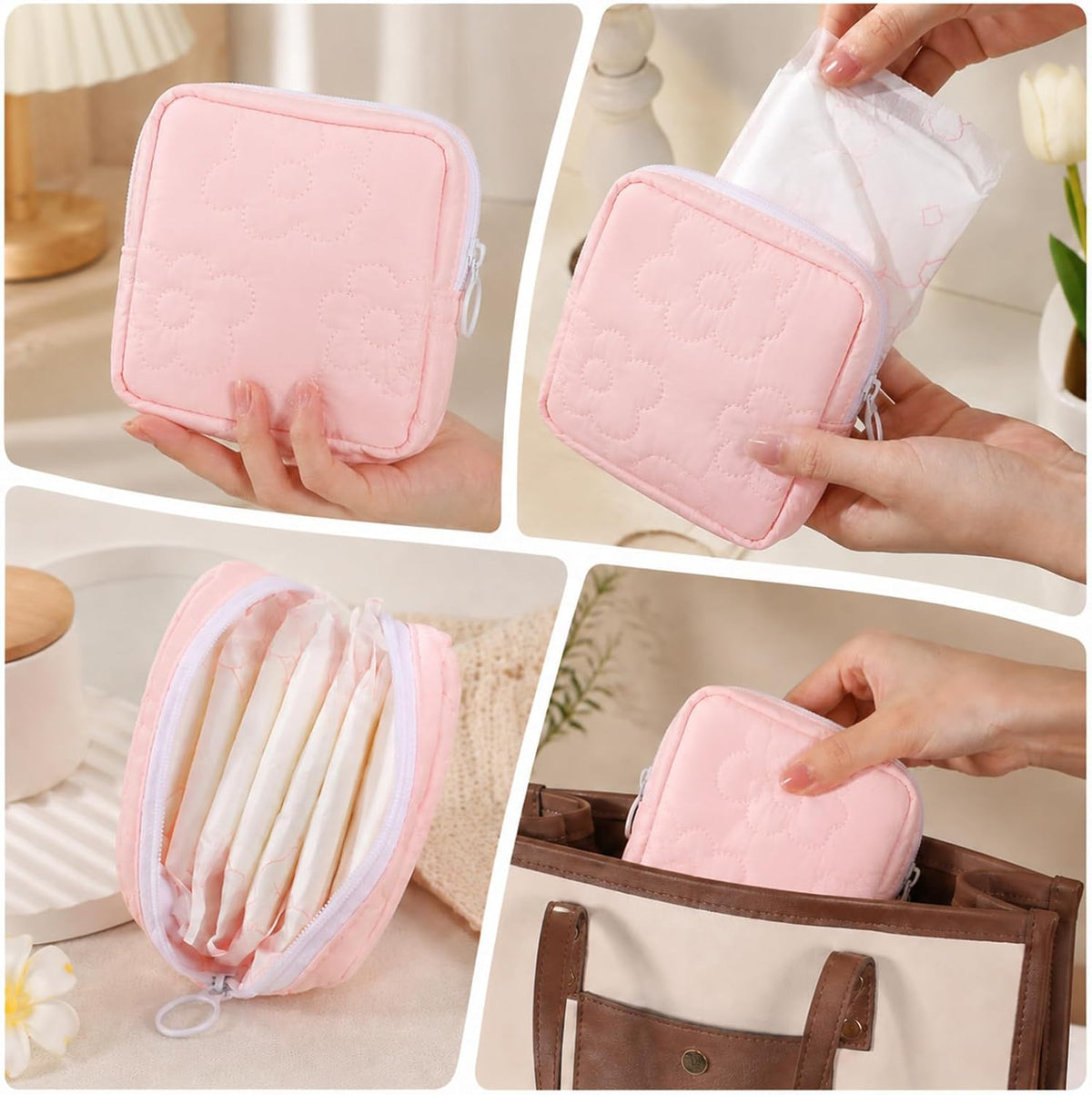 2 PCS Period Bags for Teen Girls, Pink Blue Floral Printed Napkin Storage Period Pouches for Teen Girls, Portable Cute Printed Menstrual Pad Pouch Tampon Holder for Purse, First Period Kit for Girls