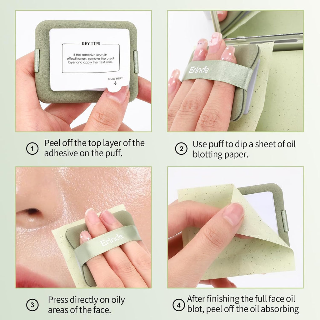 Erinde Oil Blotting Sheets for Face with Mirror and Puff, 300 Sheets Oil Blotting Paper for Oily Skin, Face Oil Absorbing Sheet, Natural Oil Control Film, Absorb Excess Oil, Makeup Friendly