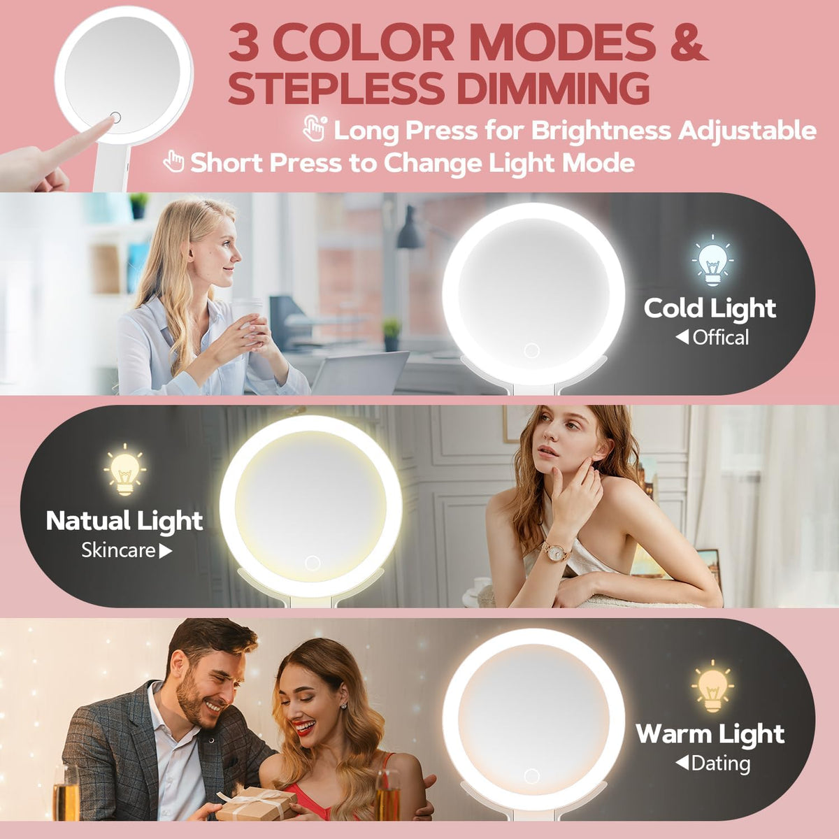 MIYADIVA 30X Magnifying Makeup Mirror with Light, Double-Sided 1X/30X Travel Makeup Mirror, 56 LED Lights, 3 Color Modes, Dimmable, USB-C Rechargeable, Portable Foldable Vanity Mirror for Women