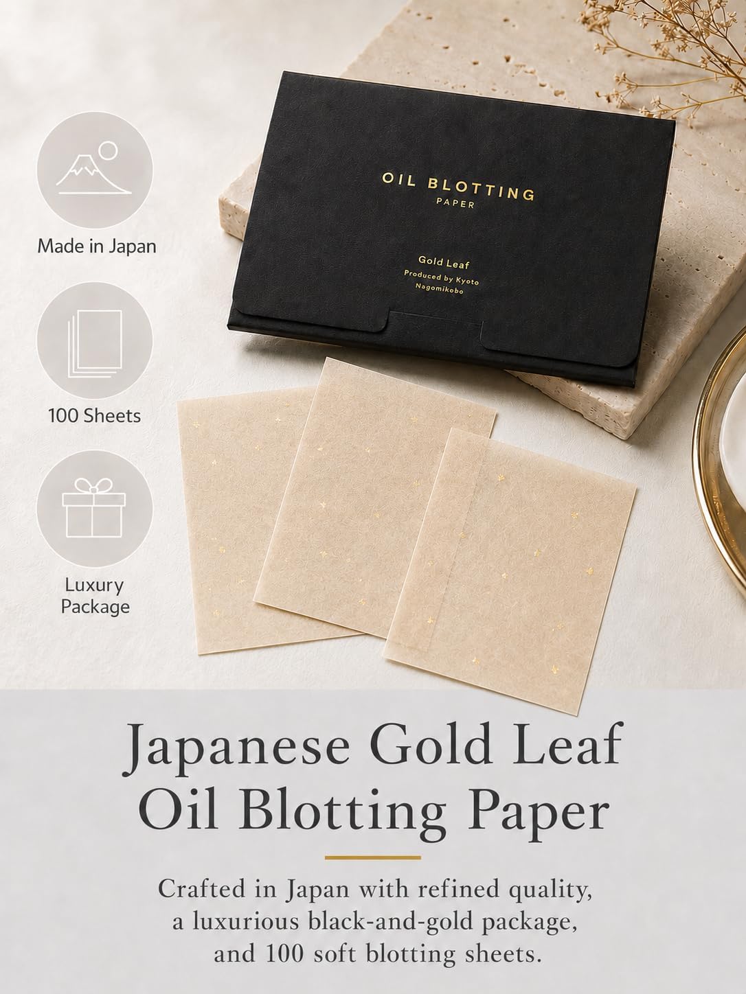 Gold Leaf Look Oil Blotting Paper, 100 Sheets, Made in Japan Aburatorigami, Premium Japanese Face Oil Absorbing Sheets for Oily Skin, Black Gold Foil Package