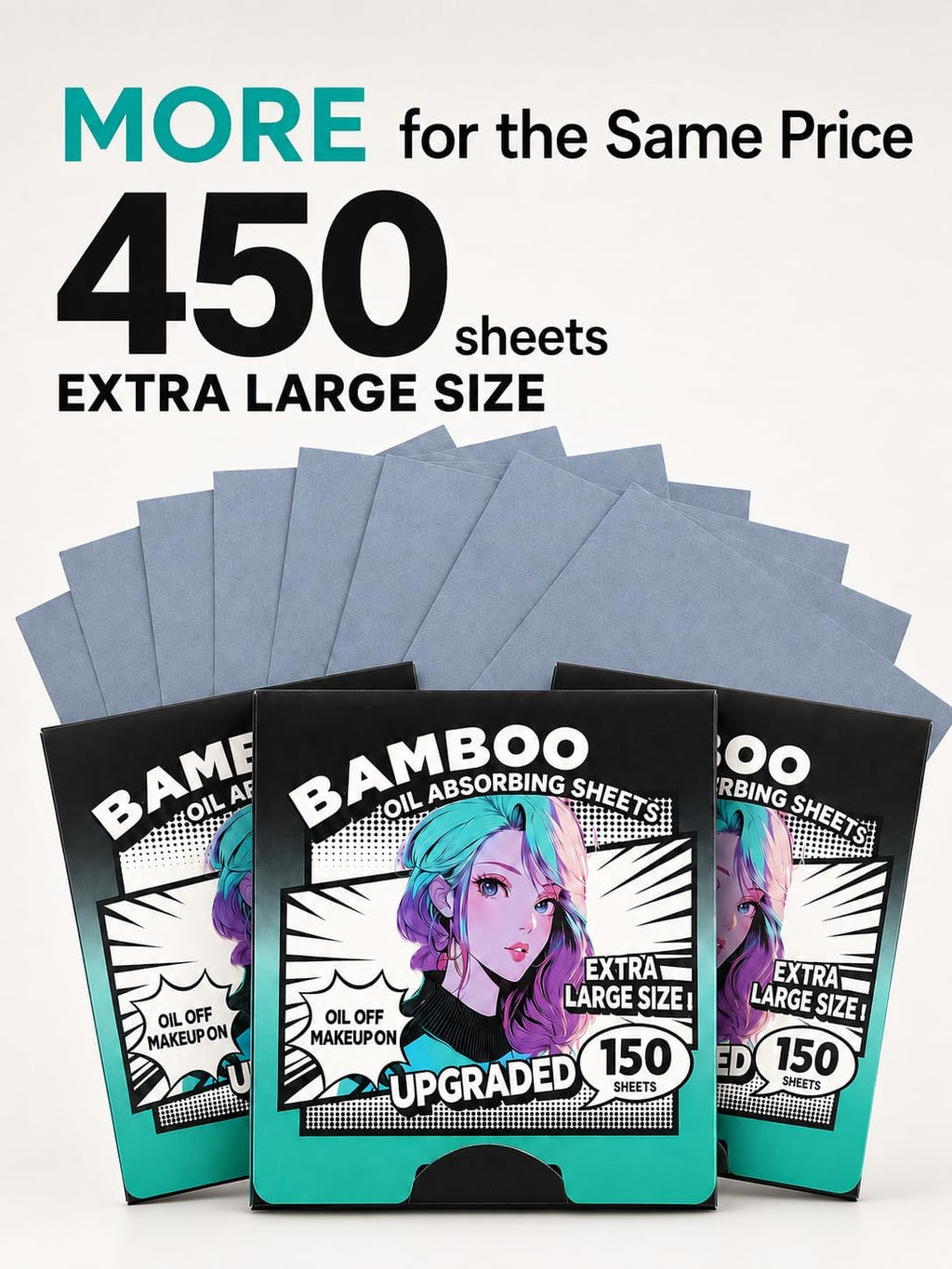 3pk/450 Sheets XL Oil Absorbing Sheets for Face, Oil Blotting Sheets Face Blotting Papers, Bamboo Charcoal