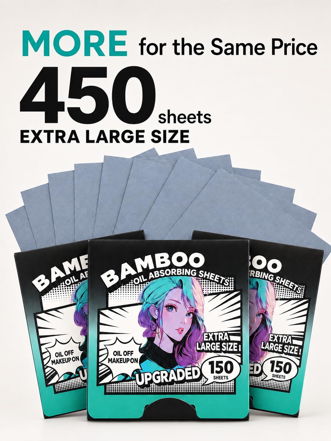 3pk/450 Sheets XL Oil Absorbing Sheets for Face, Oil Blotting Sheets Face Blotting Papers, Bamboo Charcoal