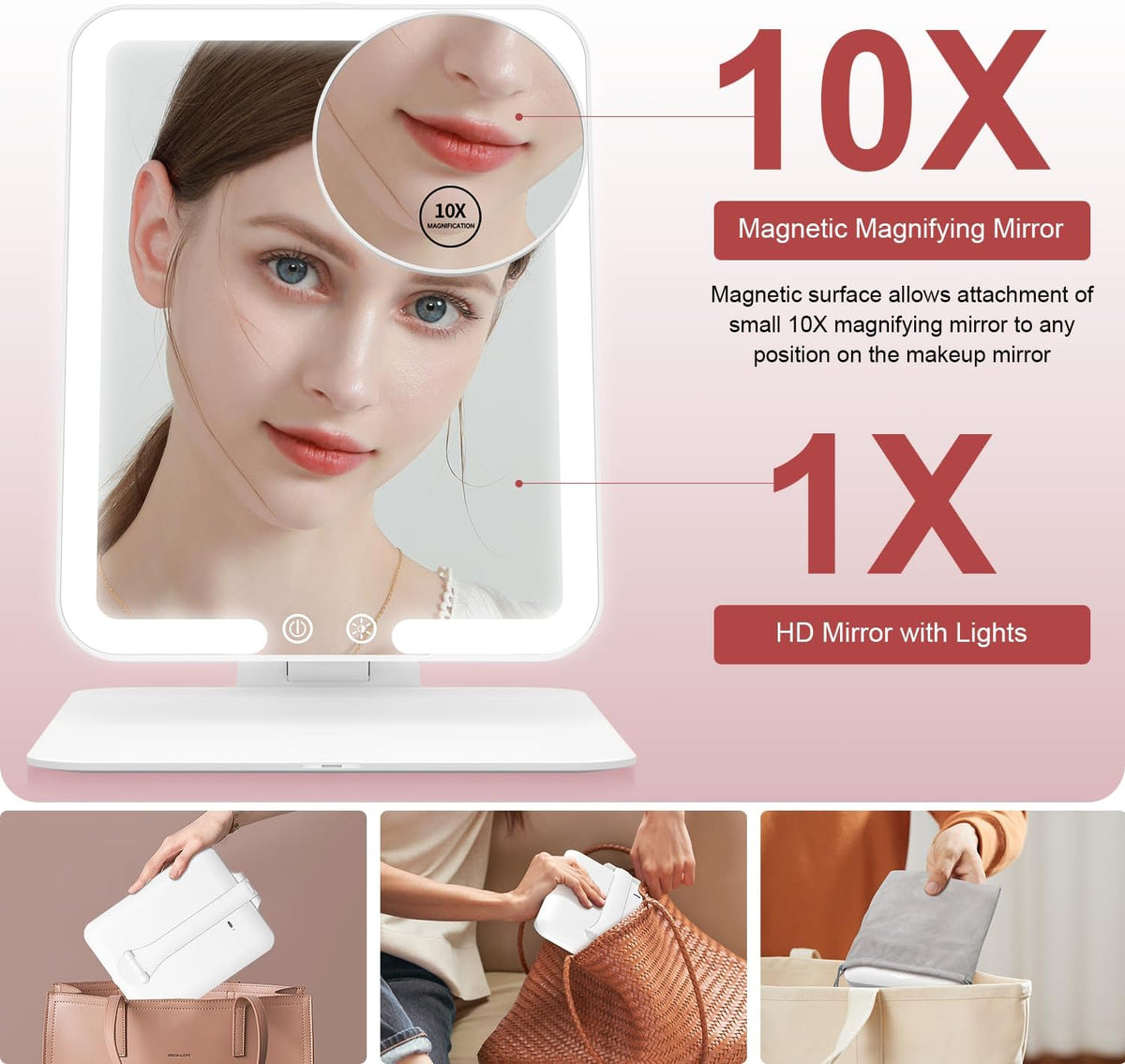 Gospire Travel Makeup Mirror with Lights and Magnification 10X, White